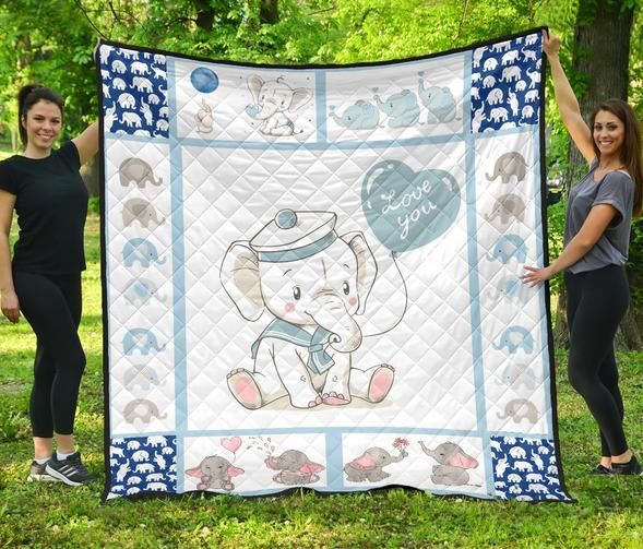 Blue Baby Elephant  Love You Heart Balloon  Quilt Blanket