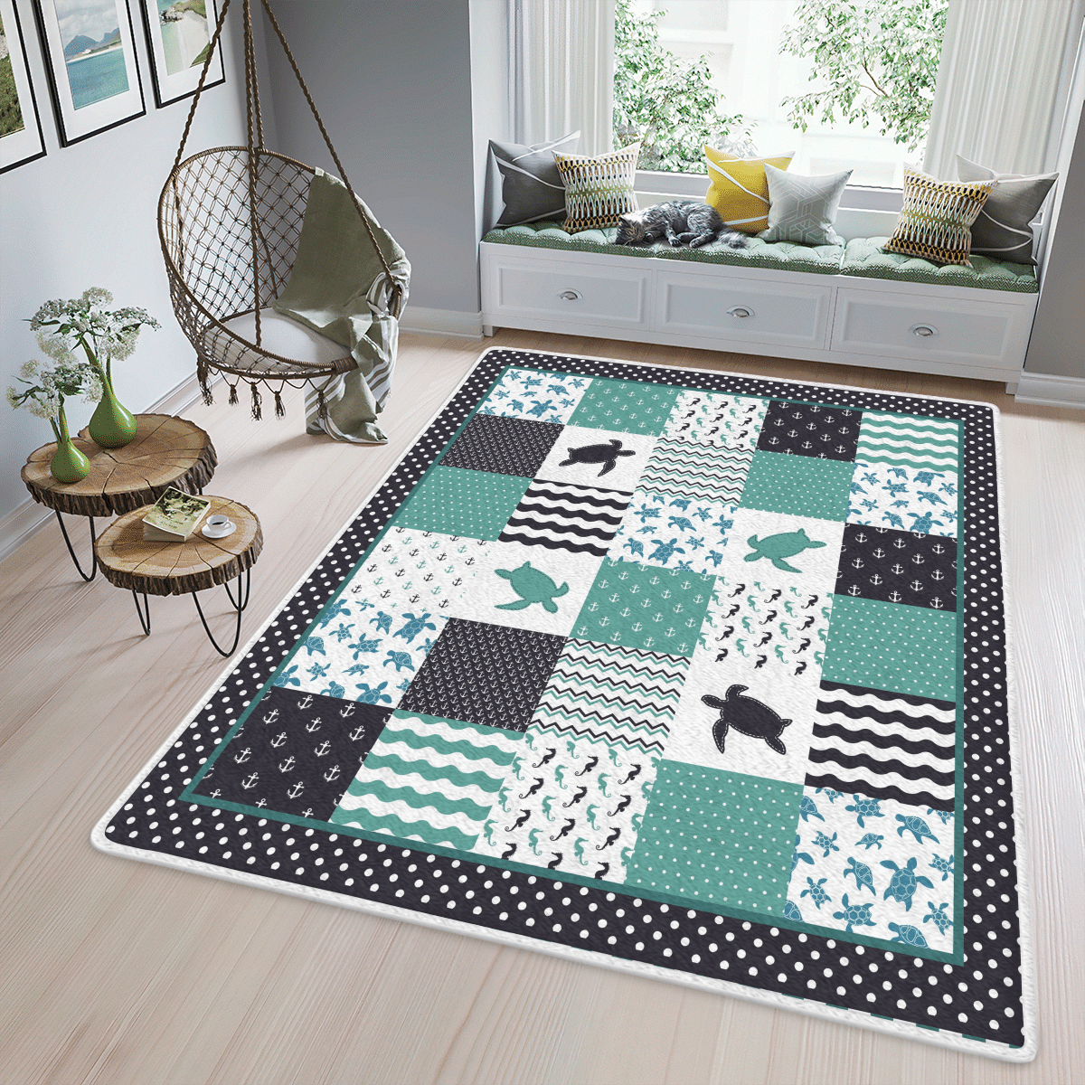 Wooni Sea Animal Turtle Seahorse Anchor Area Rug Rectangle Rug Wn1011134