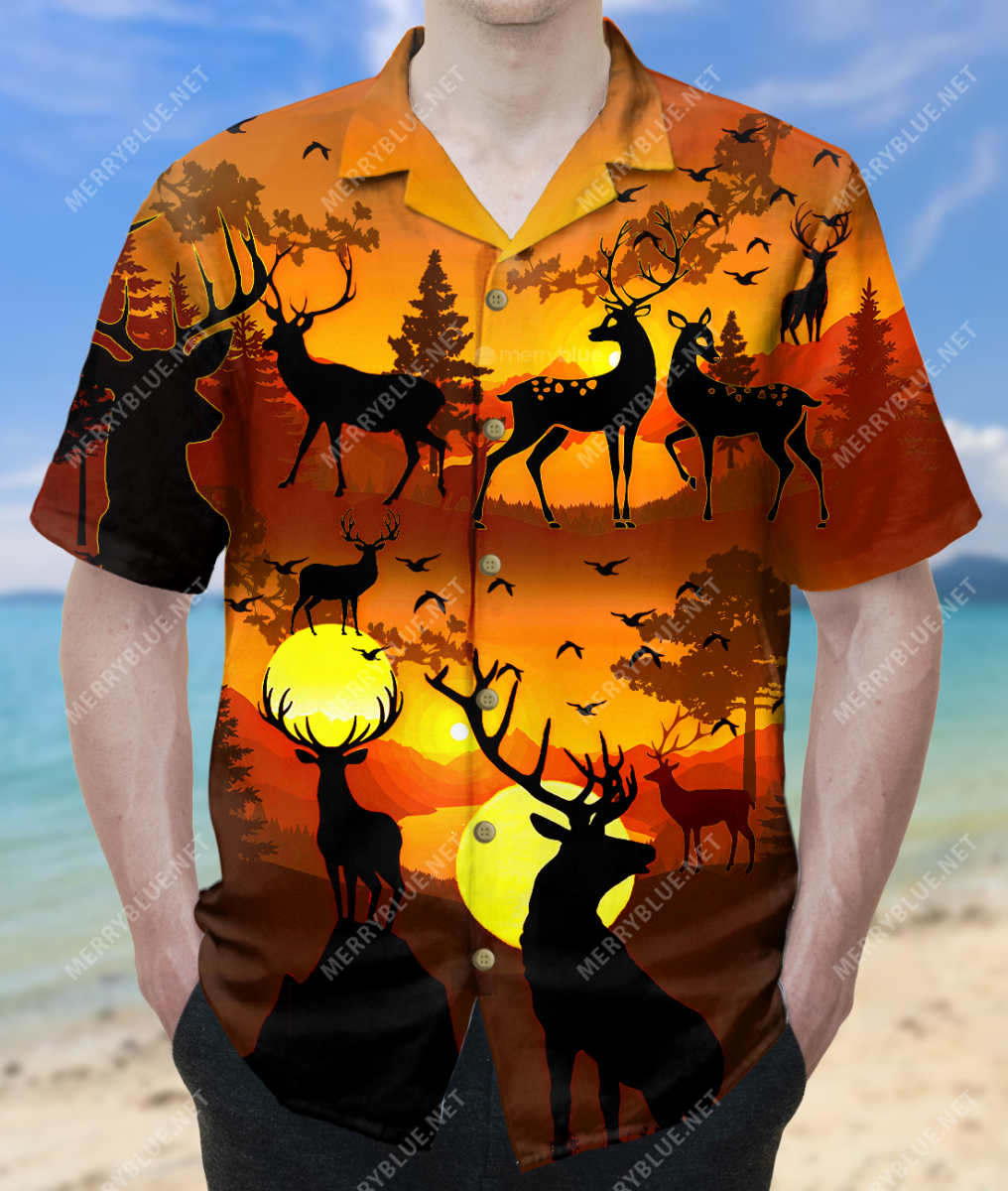 Amazing Deer In The Sunset Forest Unisex Hawaiian Shirt