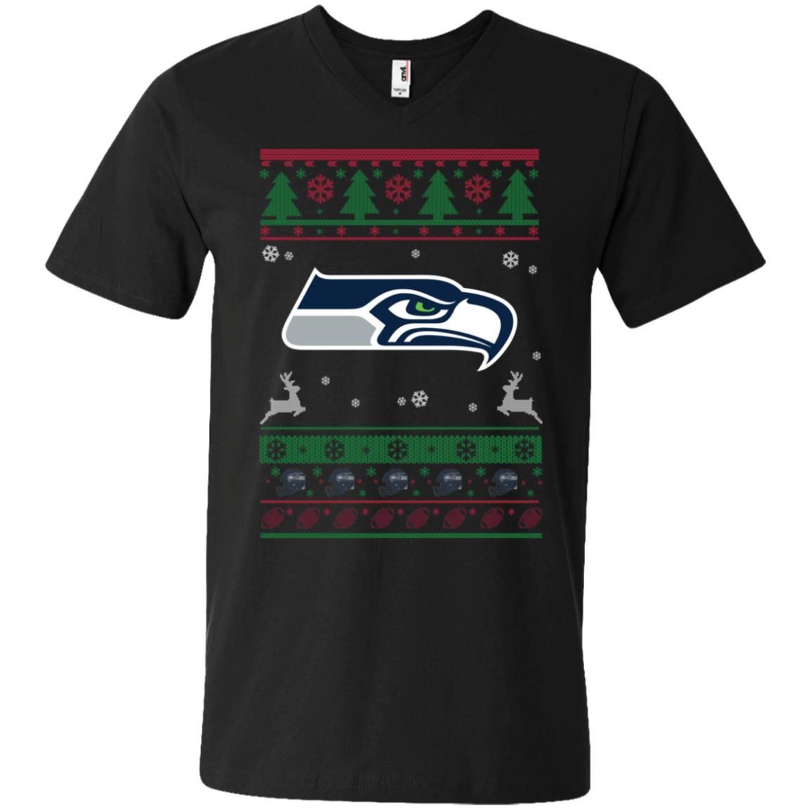 Seattle Seahawks Logo Football Teams Ugly Christmas Sweater Men V-Neck T-Shirt