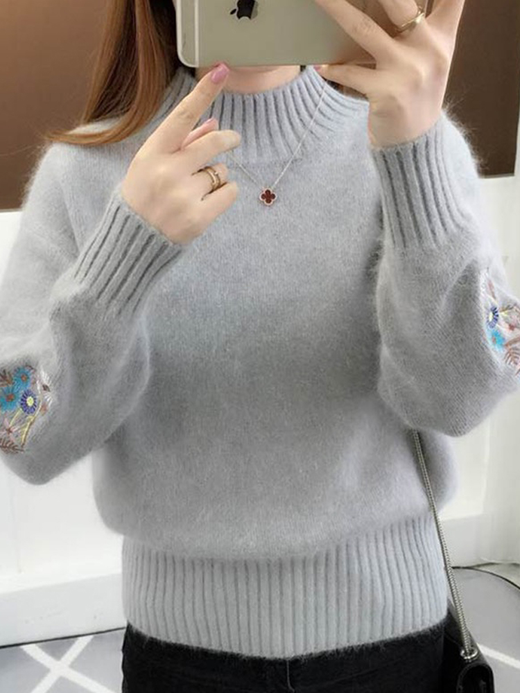 Vangull Fashion Khaki Knitted Sweater Women Floral Embroidery Thick Pullovers Female Long Sleeve Half Turtleneck Ladies Sweaters alx