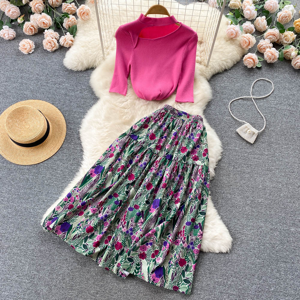 Summer 2 Piece Sets Womens Outfits 2022 Hollow Stand-up collar Knitted Sweater Top Printed Skirt Fashion Two Piece Set Women alx