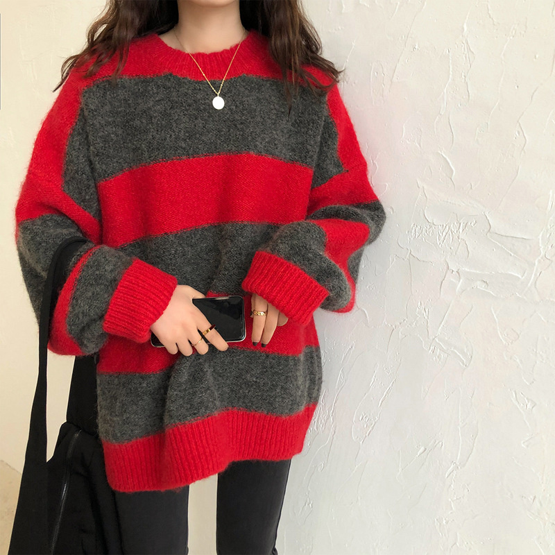 Thick Sweater Vintage Striped Women Oversized Loose Y2k Pullover Streetwear Autumn Knitted Long Sleeve Tops Pullovers Sweaters alx