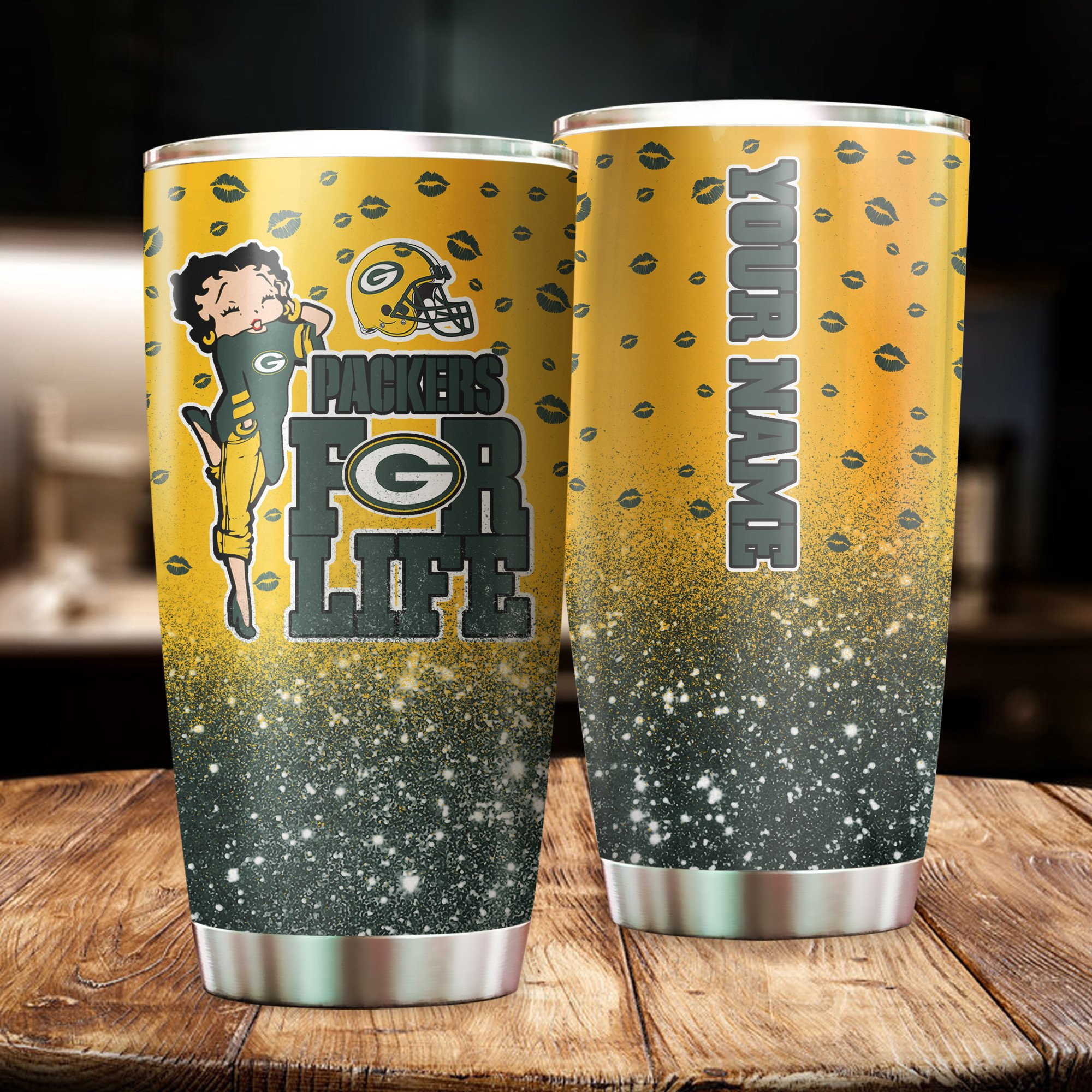 Betty Boop Green Bay Packers For Life Custom Name Glitter Stainless Steel Tumblers