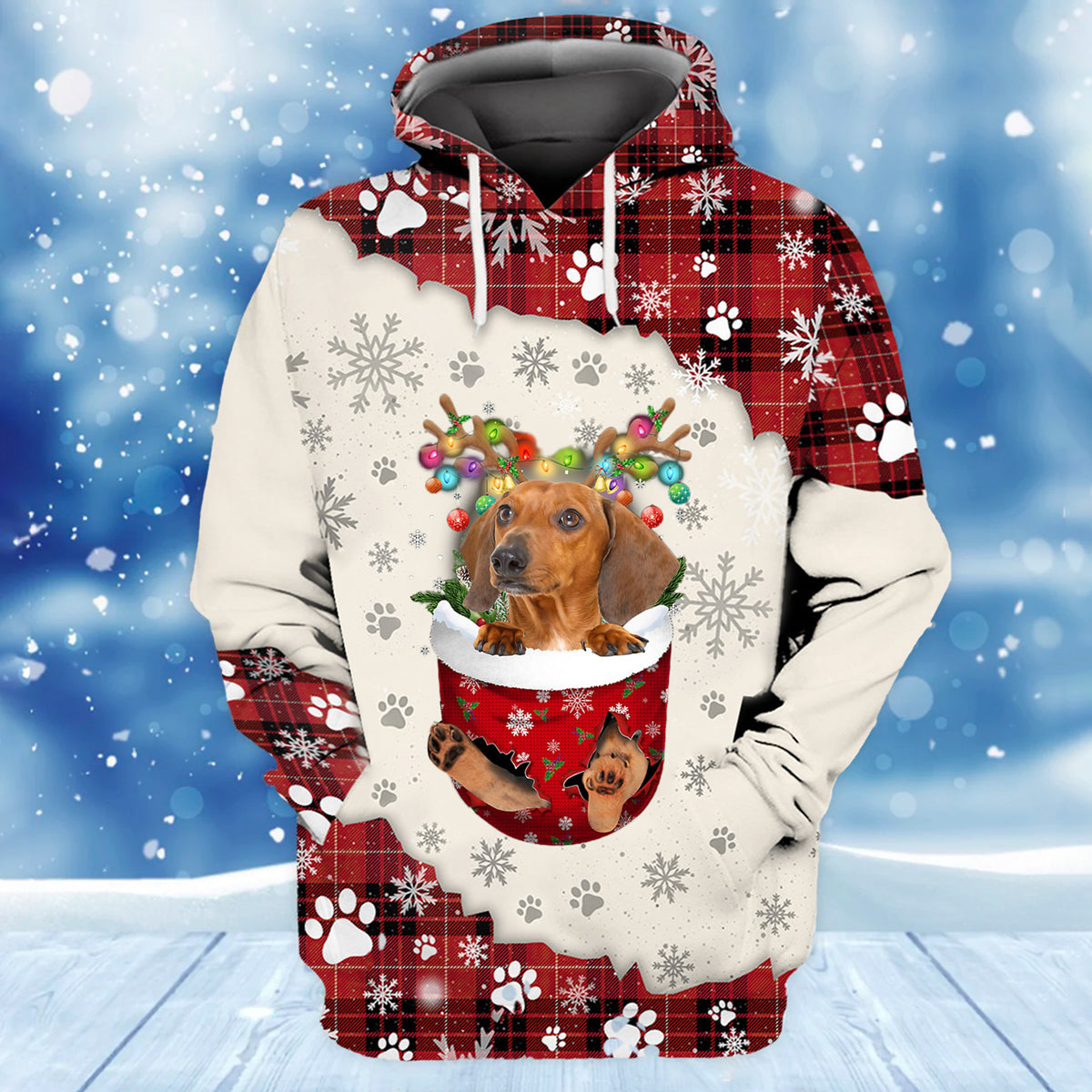 Red Dachshund In Snow Pocket Merry Christmas Unisex Hoodie