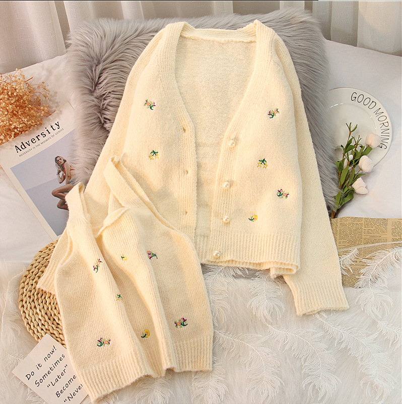 2021 Autumn Fashion Two-piece Top Suit Flower Embroidered Knitted Cardigan And Sling Sweater Korean Style Slim Sweet Jacket Sets alx