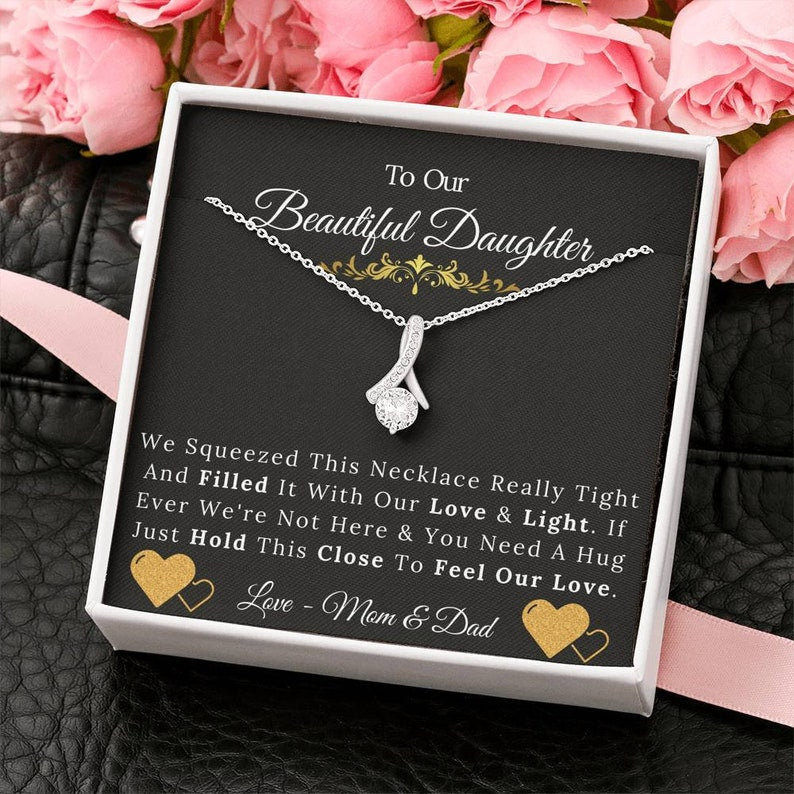 To Our Beautiful Daughter From Mom & Dad Necklace, Just Hold This Close To Feel Our Love Alluring Beauty Necklace Xl046D