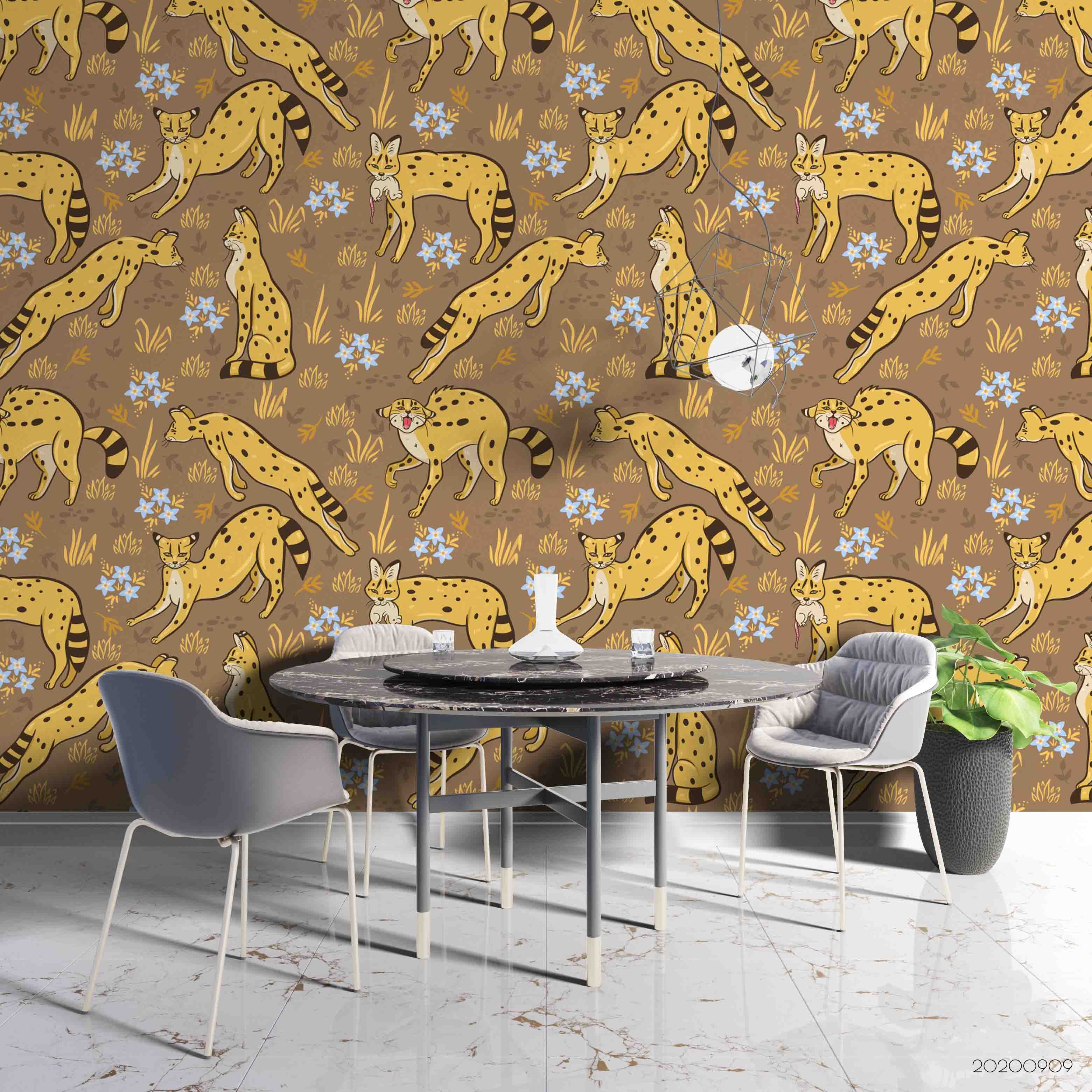 3D Cartoon Cat Leopard Animal Floral Plant Wall Mural Wallpaper Lxl