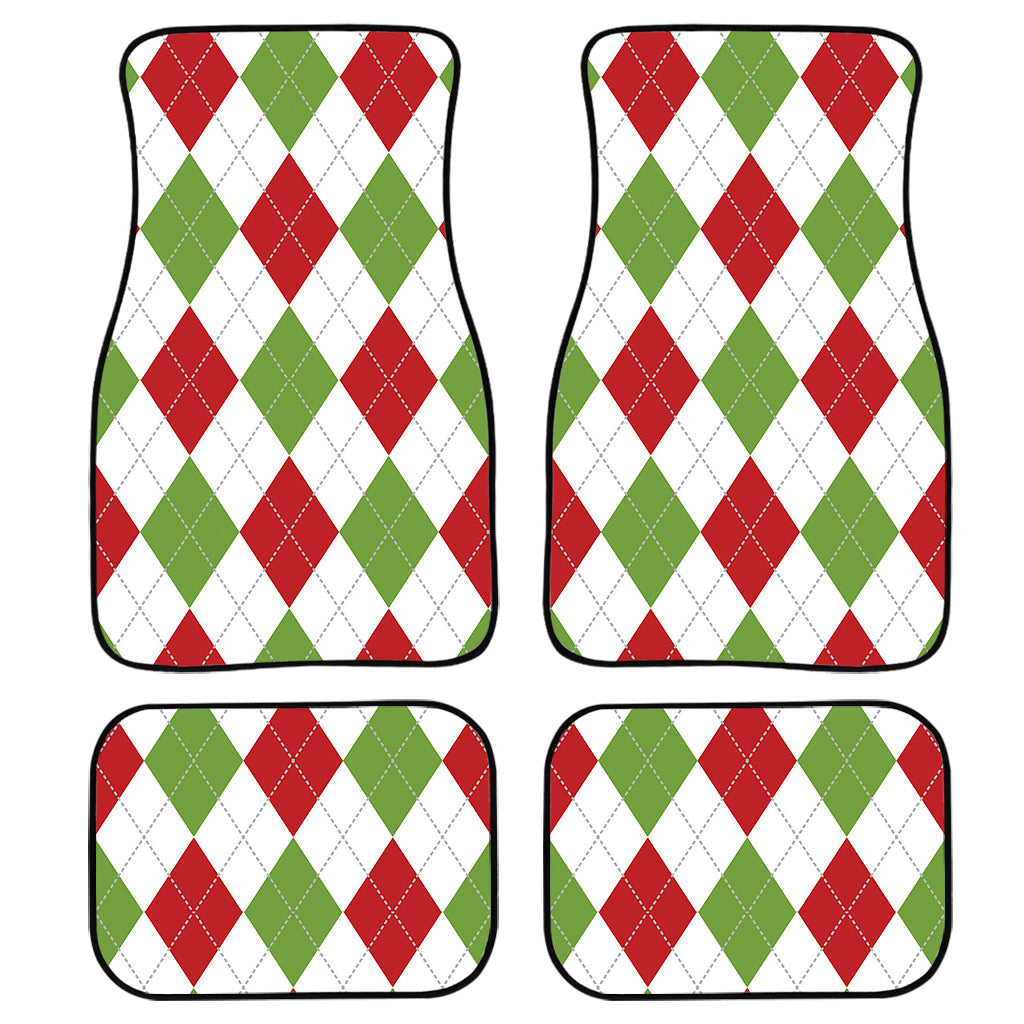 White Red And Green Argyle Pattern Print Front And Back Car Floor Mats, Front Car Mat