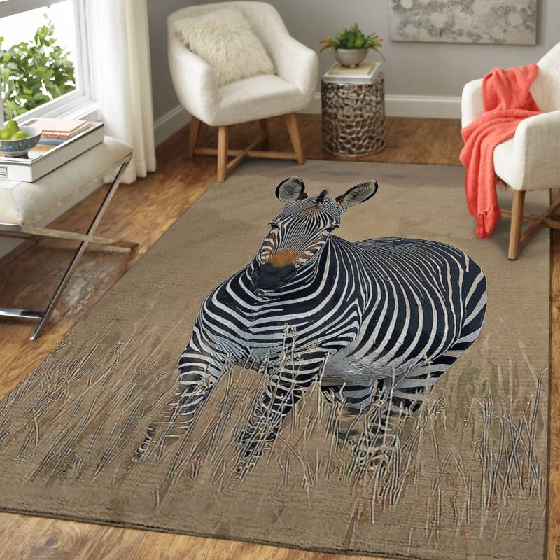 ZEBRA ON BROWN GRASS – Animals Illustration Area Rug Carpet