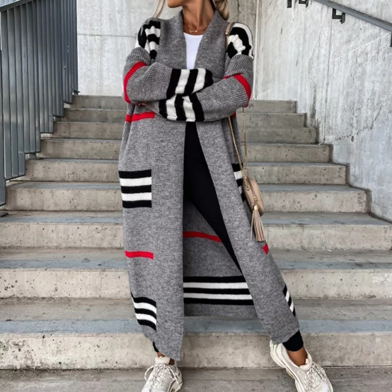 2022 Casual Striped Color Matching Cardigan Fashion Knitted Long Sweaters Cardigan Elegant Women Long Sleeve Loose Cardigan Coat alx