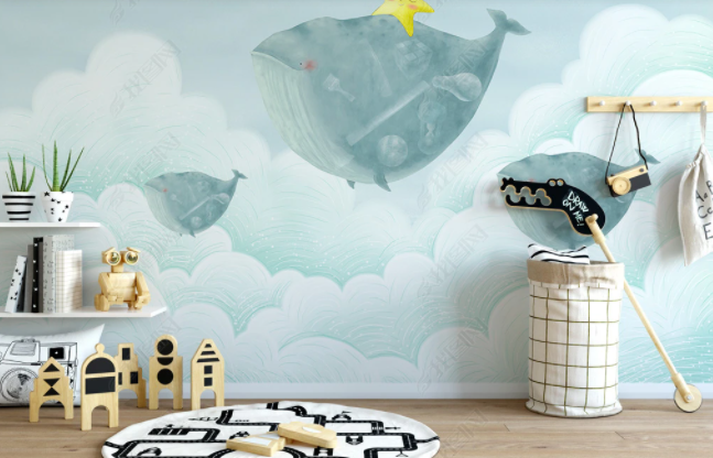 3D Cartoon Whale Sky Clouds Wall Mural Wallpaper Sww 102