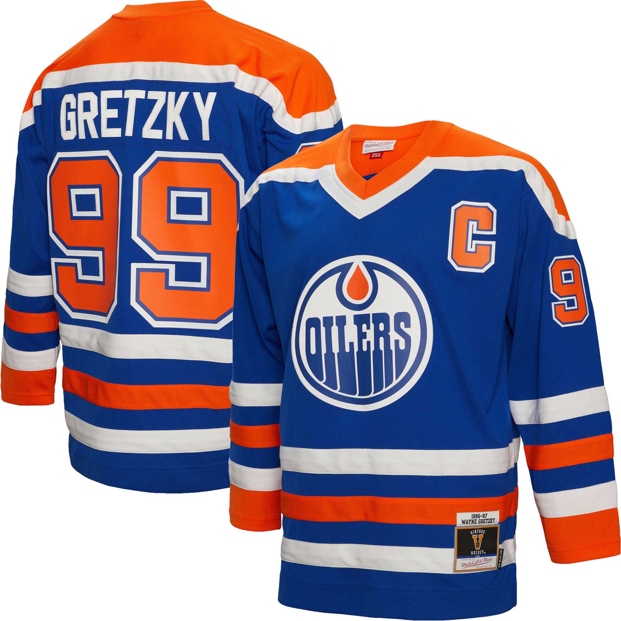 Wayne Gretzky Edmonton Oilers Mitchell & Ness Big & Tall 1986 Captain Patch Blue Line Player Jersey – Royal