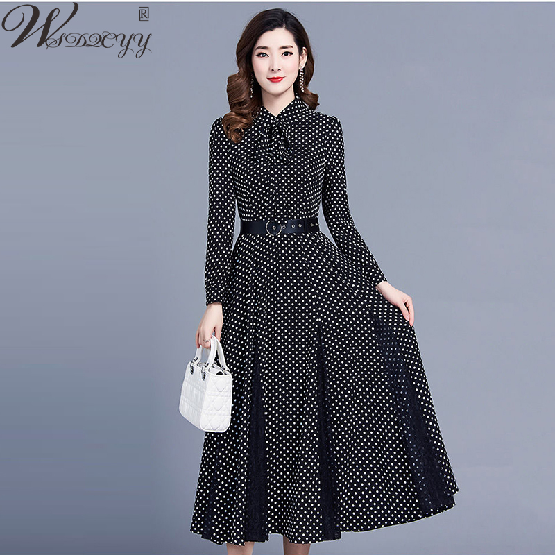 Women Casual Dot Print Maxi Dress Chiffon Polo Collar Vintage With Belt Dress Plus Size Spring Autumn Party Dress Vestidos alx