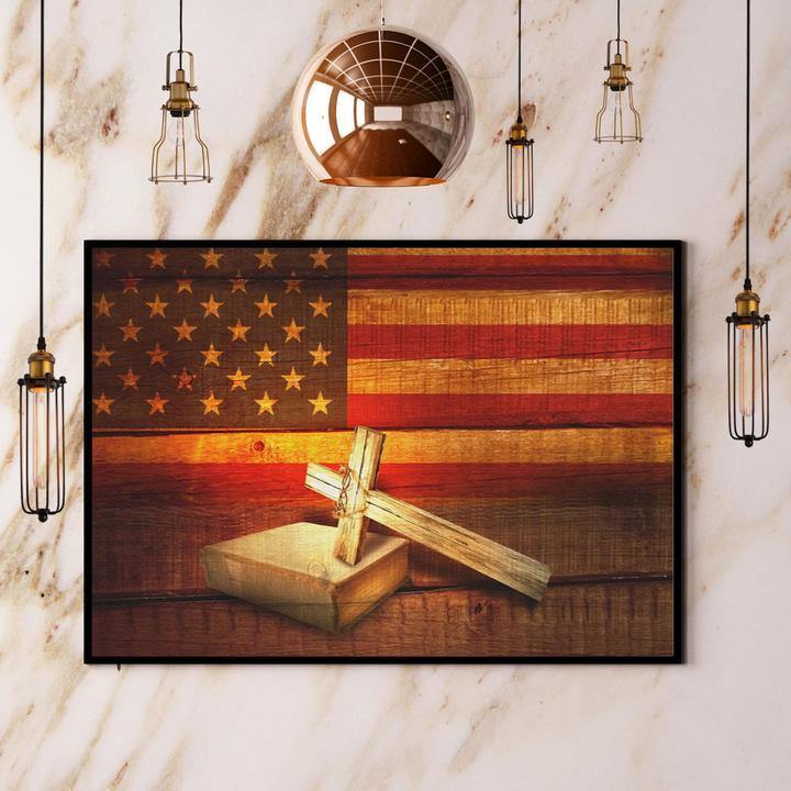 The Bible And The Cross American Flag Gift For Family Home Decor Matte Canvas Canvas Prints