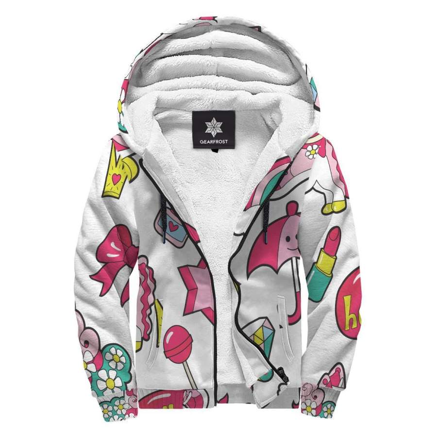 White Girly Unicorn Pattern Print Sherpa Lined Fleece Hoodie