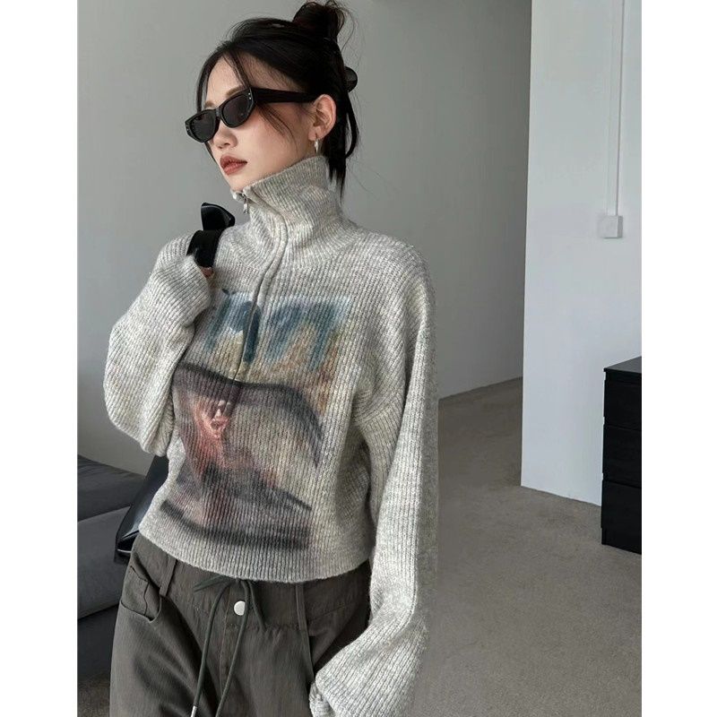 Vintage Priting Knitwears Sweater Women Autumn Winter Clothes Women Y2k Half High Collar Zipper Casual Jumper Korean Fashion alx