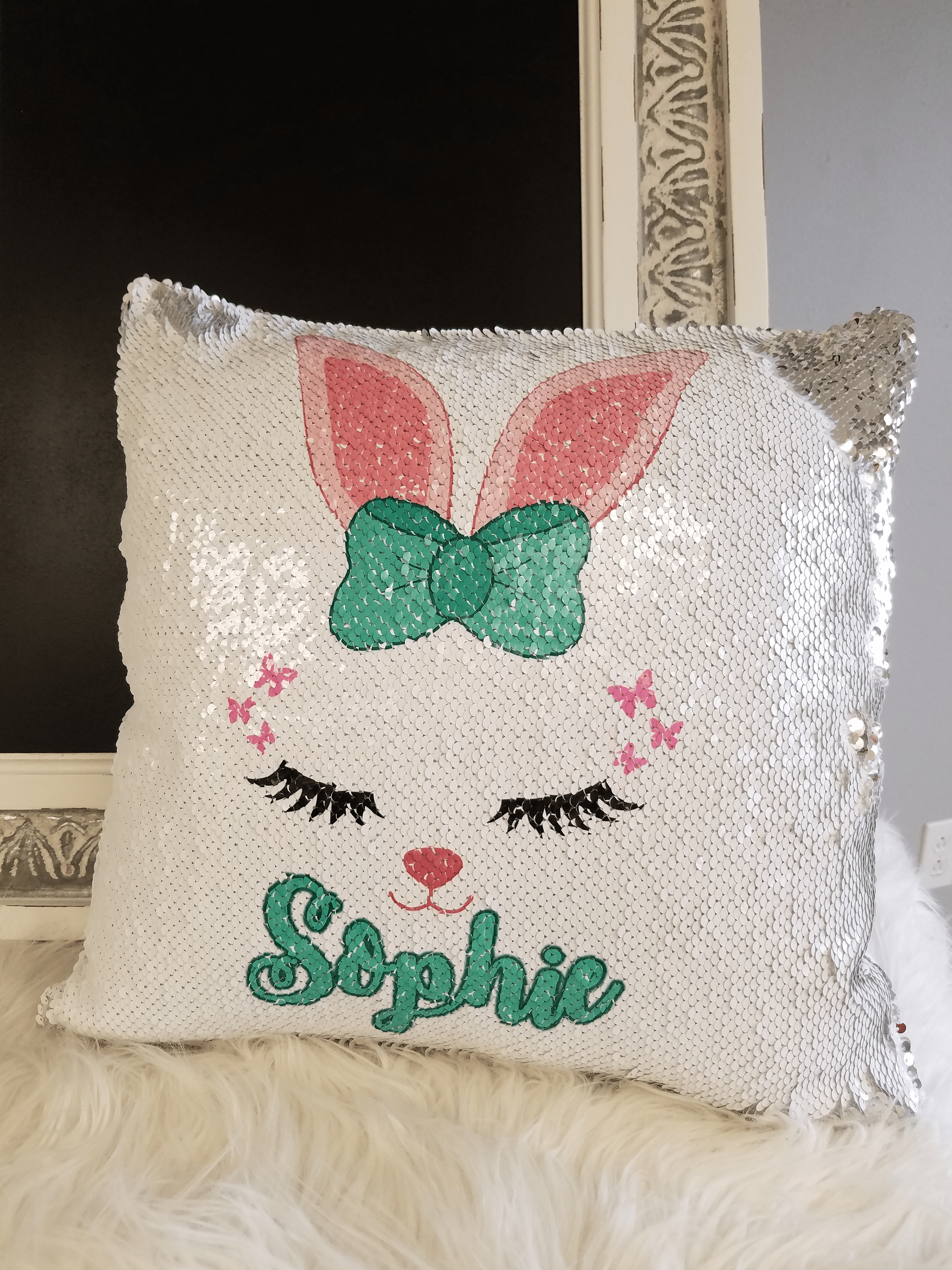 Personalized Easter Bunny Sequin Pillow