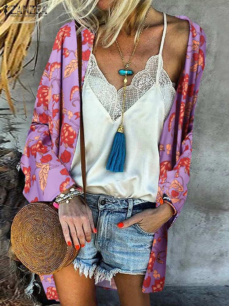 ZANZEA Bohemian Summer Women Cardigan Floral printed Full Sleeve Kimono Open Front Long Sleeve Casual Tops Elegant Beach Blouse alx