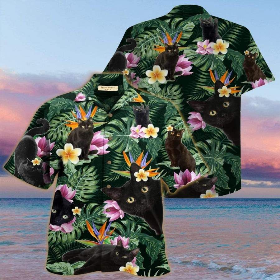 So Cute Black Cat Tropical Hawaiian Shirts