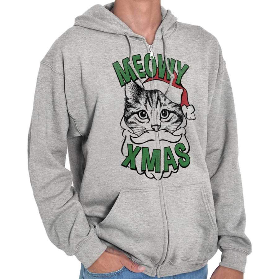 Meowy Christmas Cat Kitten Trendy Cool Fashion Funny Christmas Zipper Hoodie