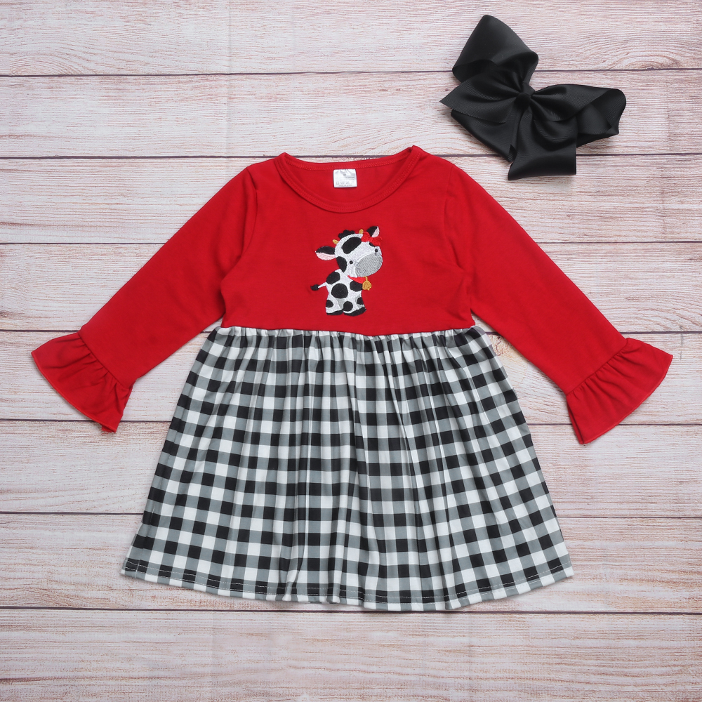 Autumn Girls Clothes Red Long Sleeve Black Plaid Red Bow Yellow Bell Cow Embroidery Pattern Girl Dresses alx