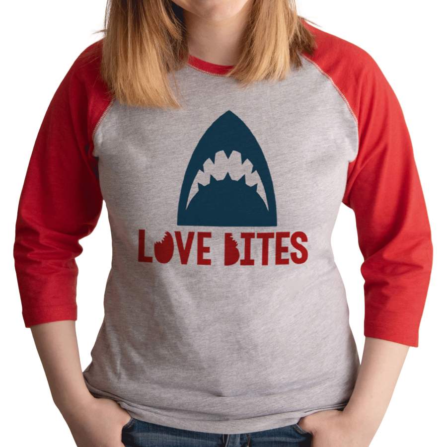 7 ate 9 Apparel Women’s Love Bites Shark Valentine’s Day Red Raglan Shirt