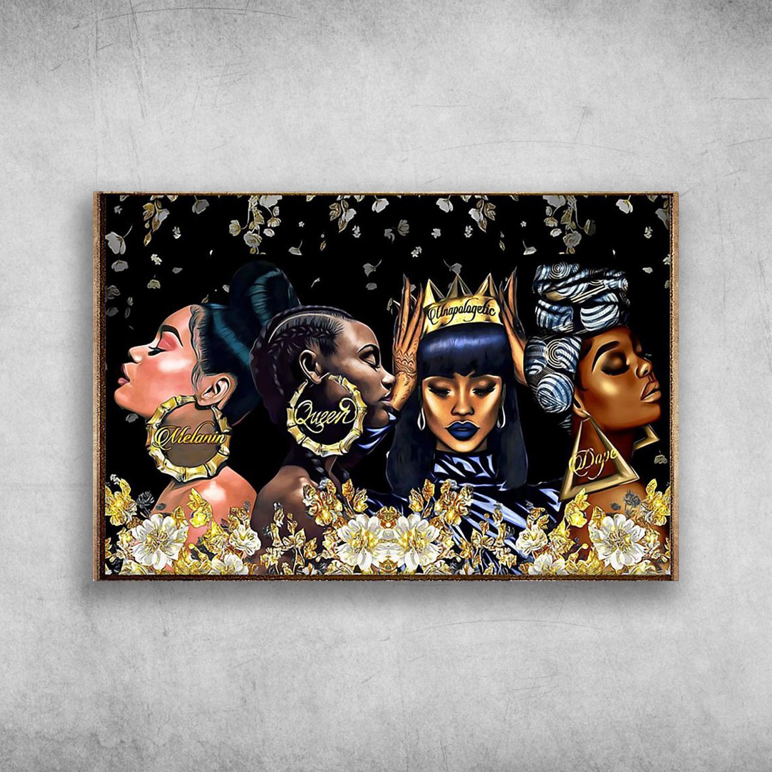 Beautiful Black Woman Dope Black Queen, Pride Black Women And Gold Flower Poster Print Wall Art Canvas Wall Decor