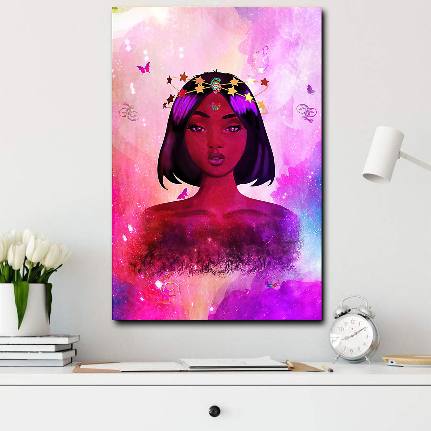 African American Art Canvass Melanin Girl With Flower And Butterfly Dorm Room Canvas