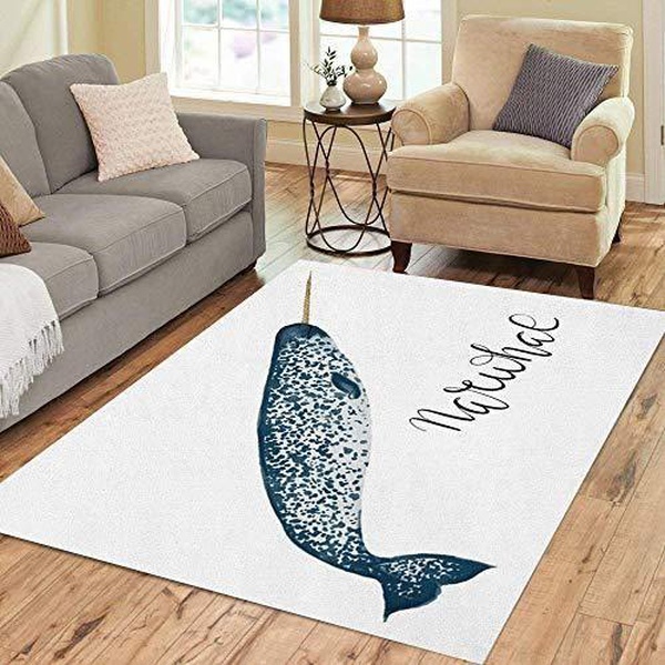 Beautiful Watercolor Of Blue Narwhal Whale White Theme Area Rug Home Decor