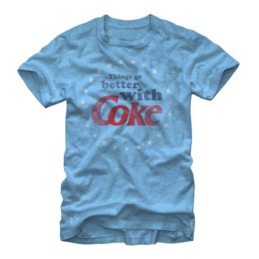 Coca Cola Men’s Stars Go Better With Coke  T Shirt Light Blue Heather S