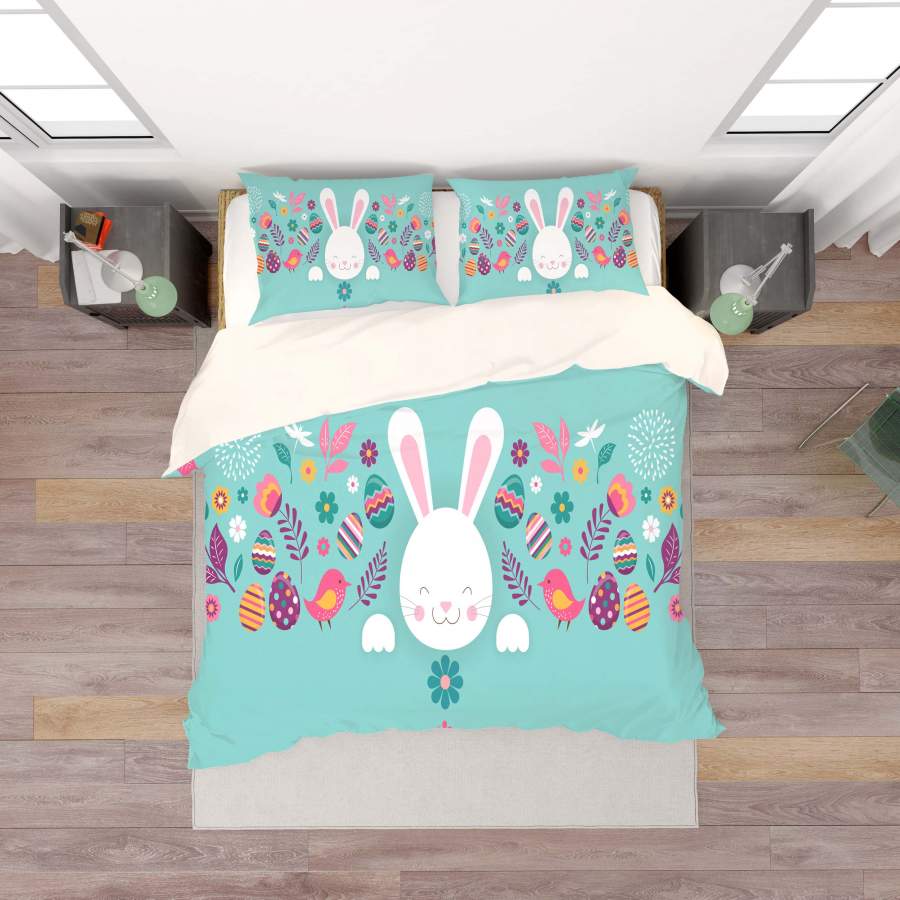 3D Blue Rabbit Birds Floral Eggs Quilt Cover Set Bedding Set Duvet Cover Pillowcases SF44