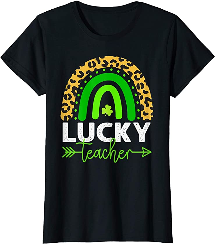 Womens Rainbow St Patricks Day Leopard Print Lucky Teacher T-Shirt