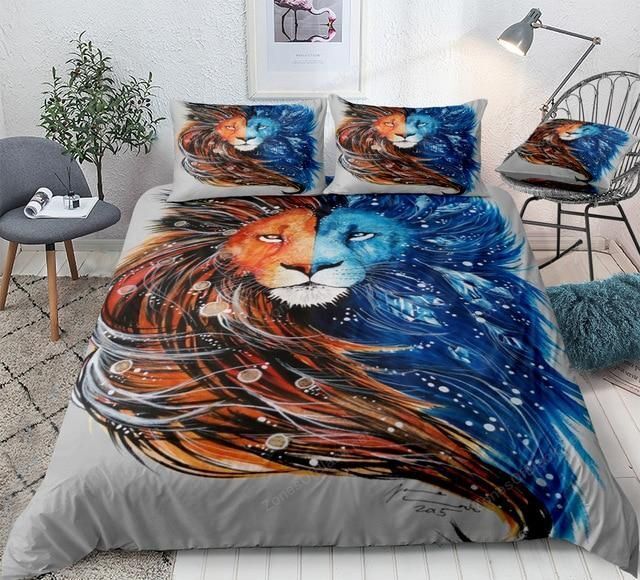 3D Lion Face Two Side Of Star Watercolor Painting Printed Bedding Set Bedroom Decor