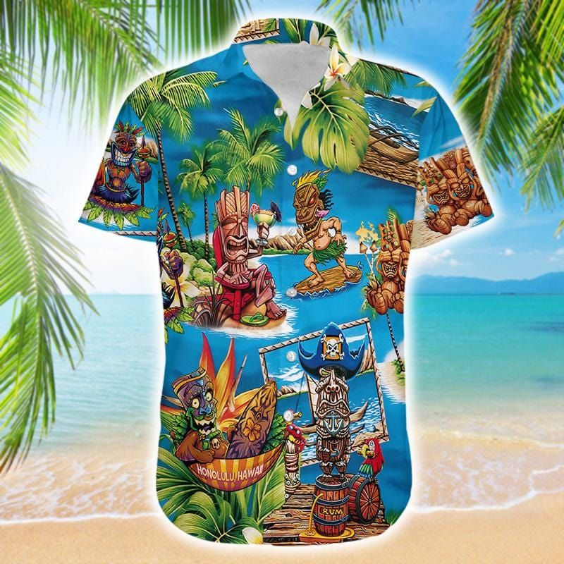 Amazing Tiki Surfing Enjoy Summer Blue Tropical Unisex Hawaiian Shirts