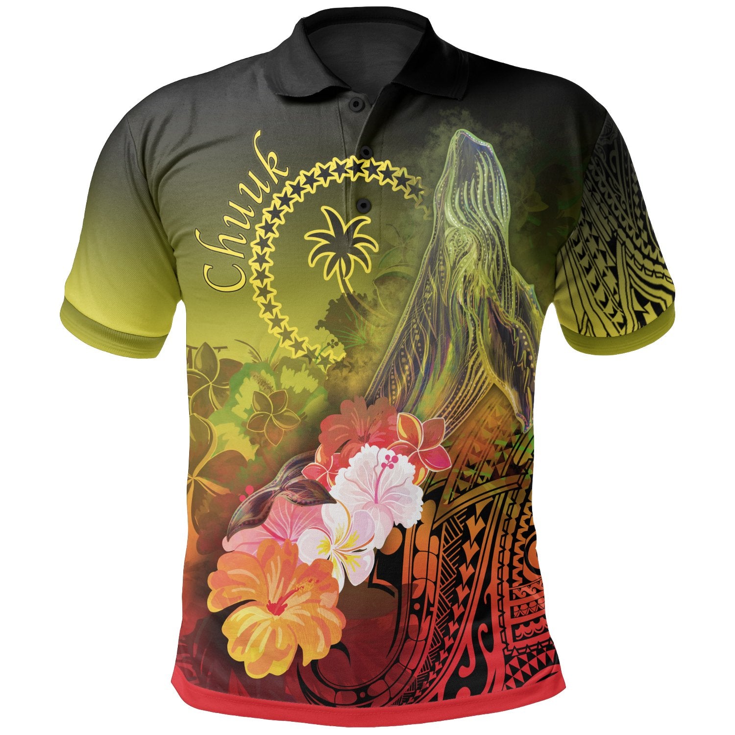 Chuuk Polo Shirt – Humpback Whale With Tropical Flowers (Yellow)