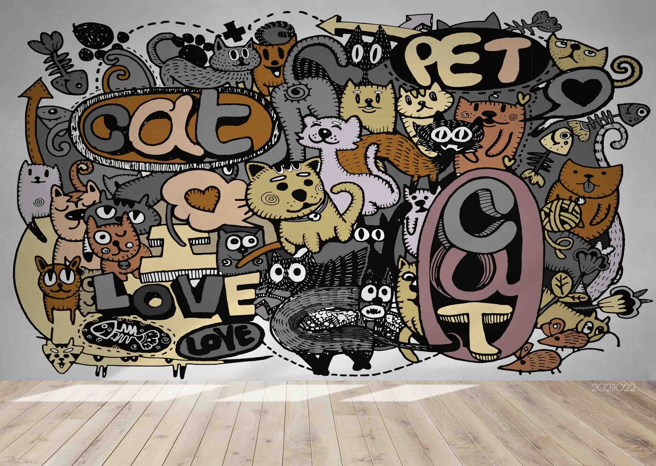 3D Cartoon Cute Animal Cat Doodle Wall Mural Wallpaper Lqh 46