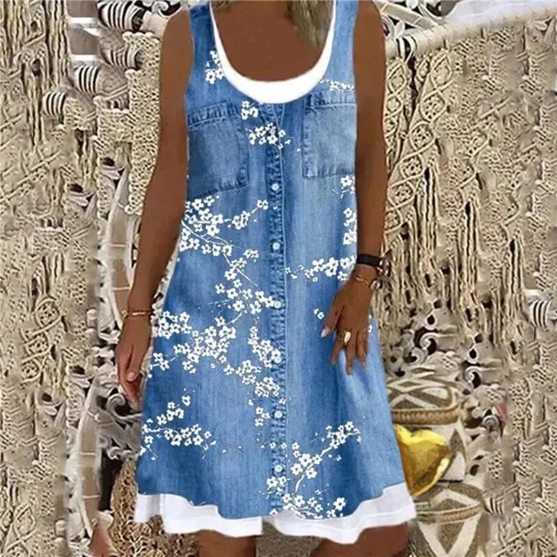 Vintage Floral Print A-Line Dress Women 2022 Summer New Casual Square Collar Sleeveless Mini Dress Ladies Fashion Loose Dresses alx