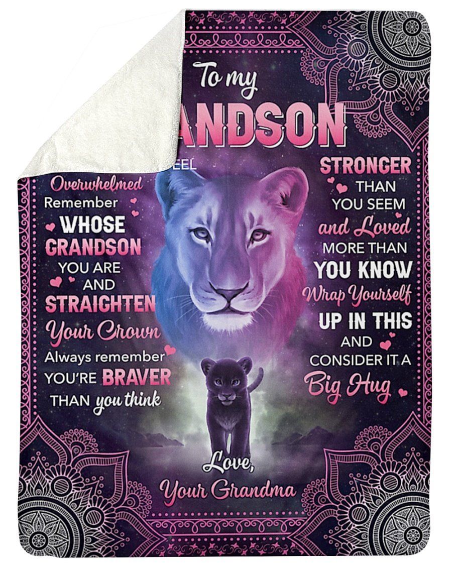 Whenever You Feel Overwhelmed Lion Gray And Purple Mandala Grandma Gift For Grandson Sherpa Blanket