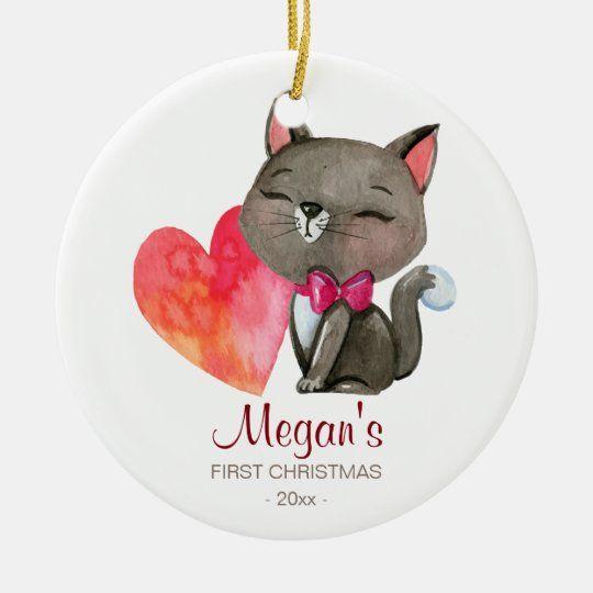 Personalized Ornament Baby’S First Christmas Watercolor Kitten Customized Ceramic Circle Ornament 1 – 2 Sided