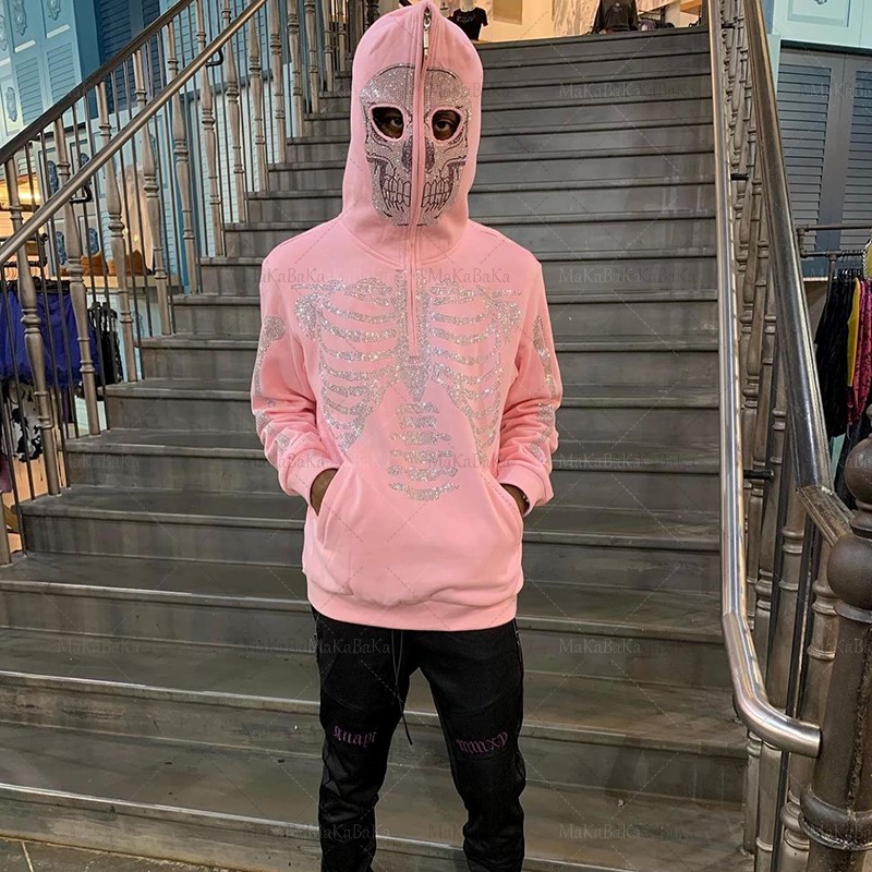 2022 autumn Goth Hoodies Grunge Pink Hooded Jacket Streetwear Womens Y2K Rhinestone Skeleton zip Oversized Sweatshirts alx