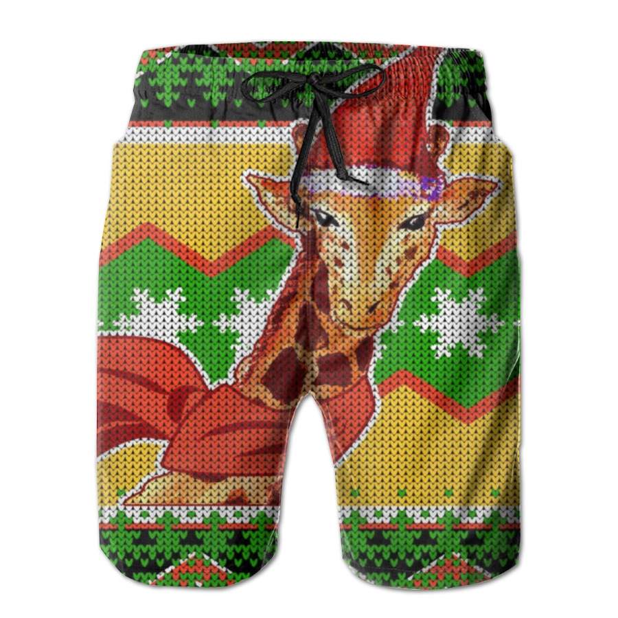 2 Pack Giraffe Ugly Christmas Poster Men Swim Trunks Drawstring Elastic Waist Quick Dry Beach Shorts with Mesh Lining Swimwear Bathing Suits