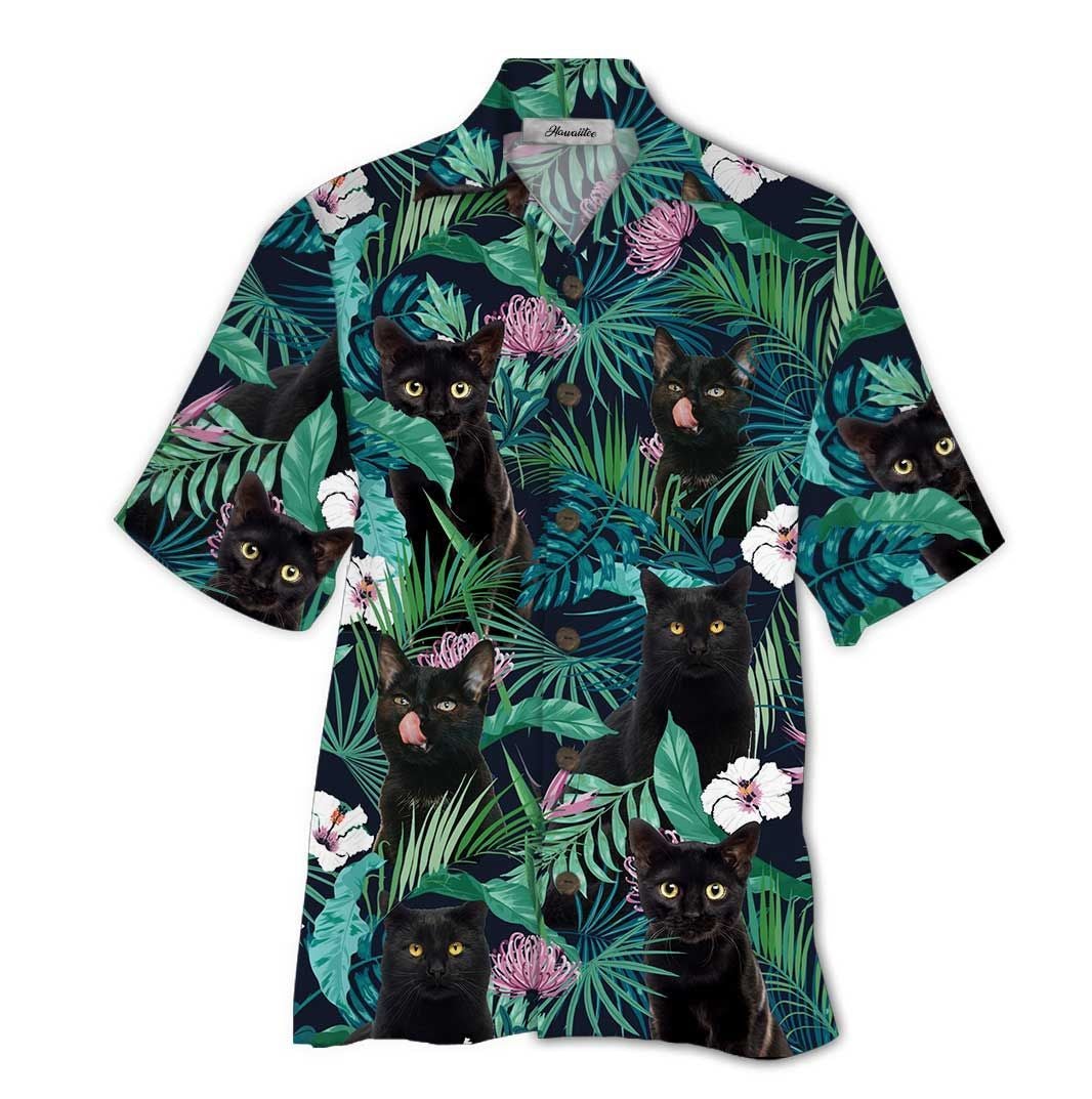 Black Cat Blue Awesome Design Unisex Hawaii Print Aloha Short Sleeve Casual Shirt Ha52801