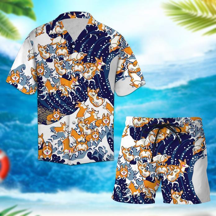 Corgi Waves Hawaiian Shirt Set | Unisex | Hs1032