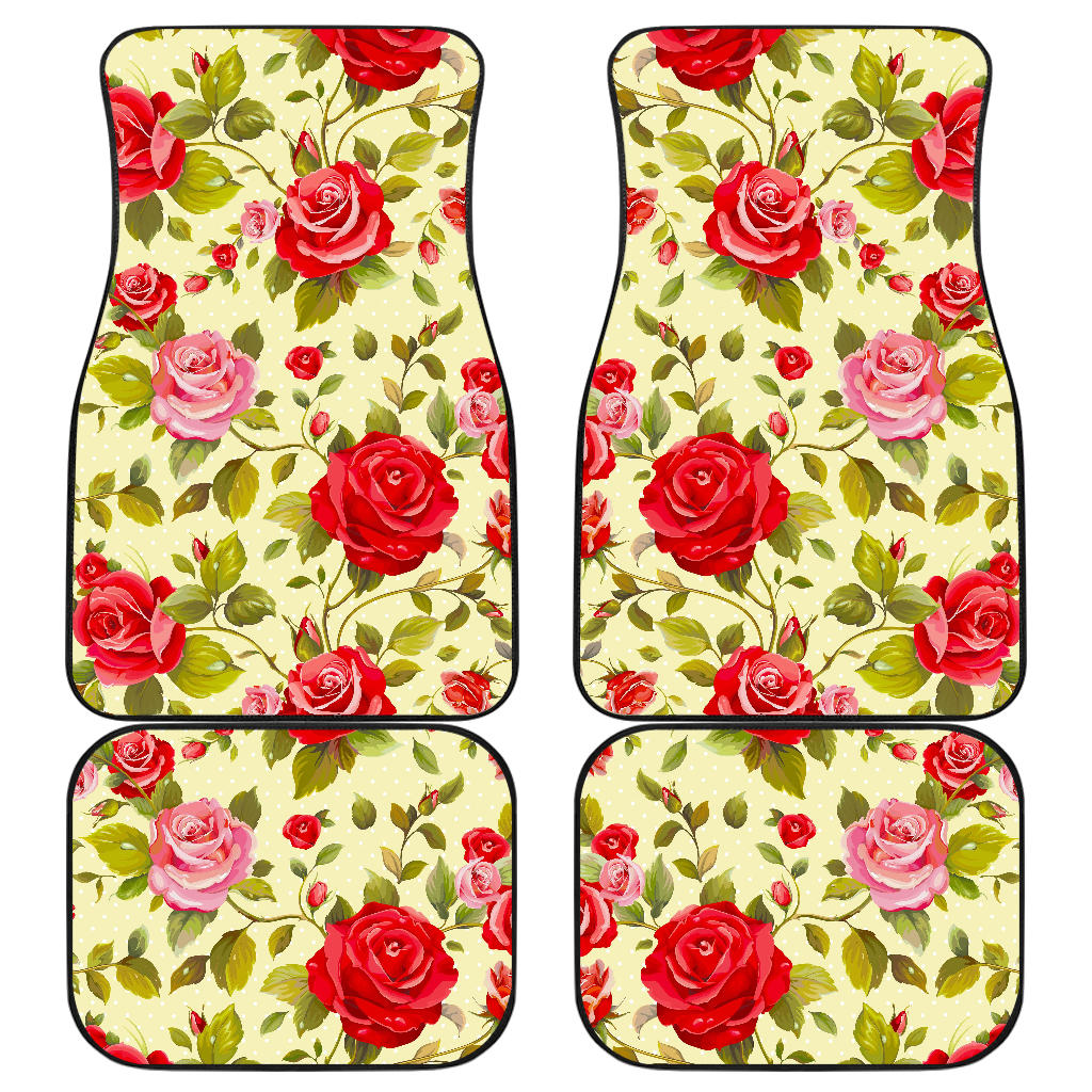 Red Pink Rose Floral Pattern Print Front And Back Car Floor Mats, Front Car Mat