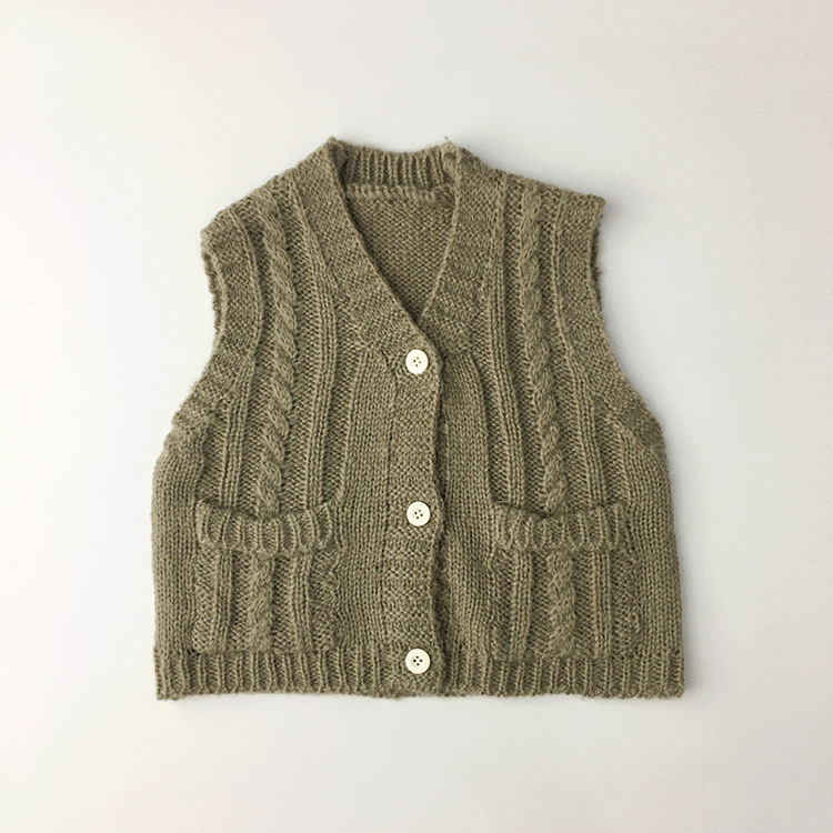 2021 Spring Fall Sweater Vest Tops Sleeveless Girls Pocket Cardigan Knitted Sweater Casual Boy Girls V Neck Clothes alx