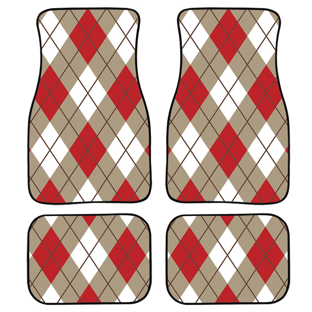 Red White And Beige Argyle Pattern Print Front And Back Car Floor Mats, Front Car Mat