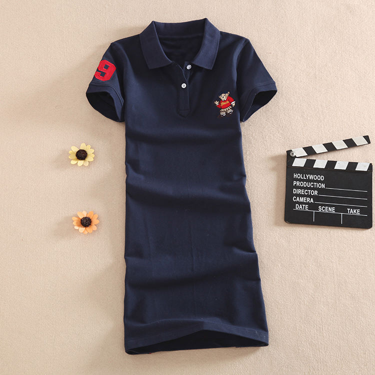 Summer Women’s Short Sleeve New Embroidered Bear Polo Dress Cotton Casual Solid Color Female Elegant High Quality Top alx