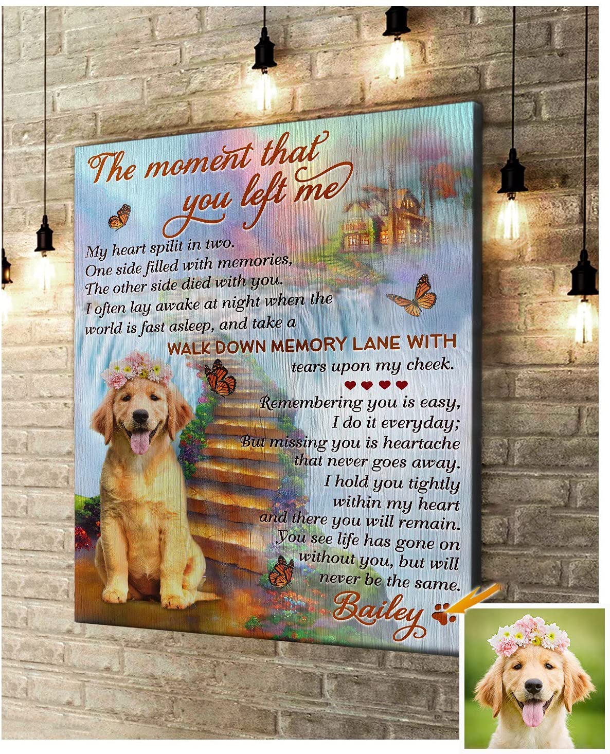 “The Moment That You Left” Framed Puppy Artwork Ready To Hang, Customized Dog Canvas Wall Art Picture, Gifts For Memorial