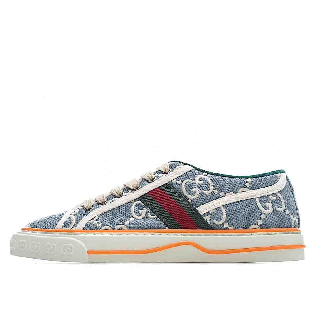 Gucci Tennis 1977 White GG Embroidered Shoes Sneakers – Light Blue SNK445294771